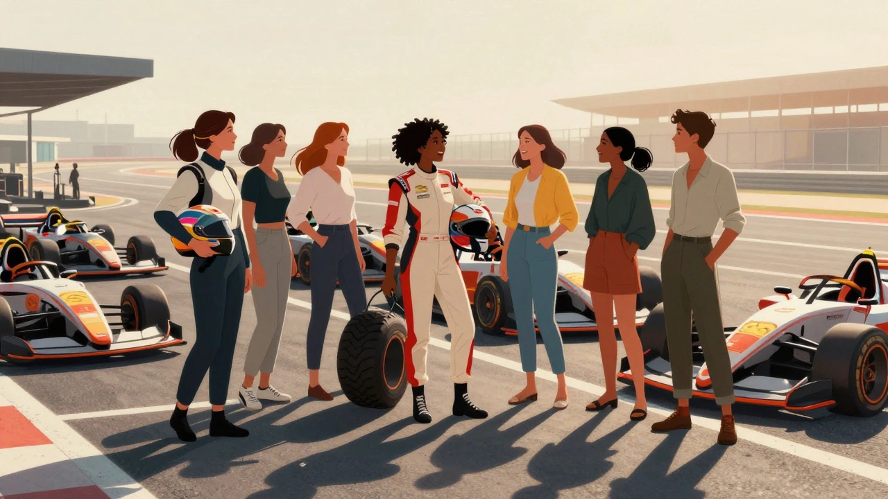 A group of women gather around track cars at Dubai Autodrome, preparing for a driving session with quiet camaraderie.
