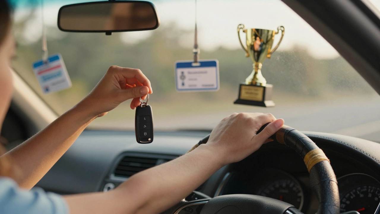 A woman&#039;s hands hold car keys and a steering wheel, with reflections of her multiple identities visible in the mirror.
