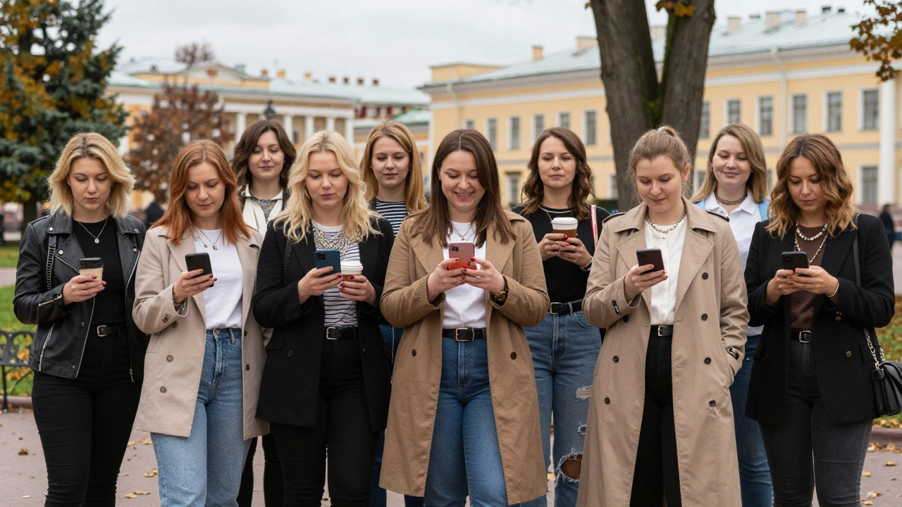 Diverse Russian women in casual attire standing confidently in a St. Petersburg park.